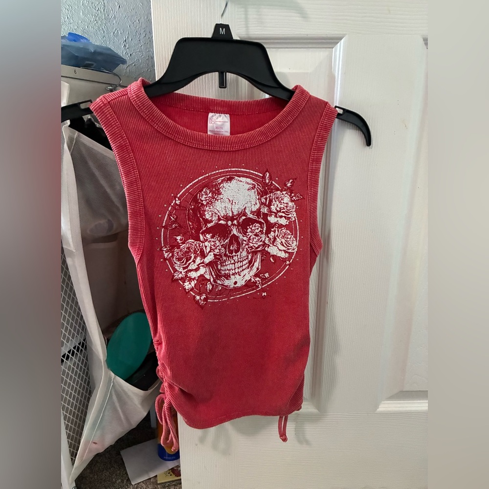 Red Sleeveless Top with Skull and Floral Design